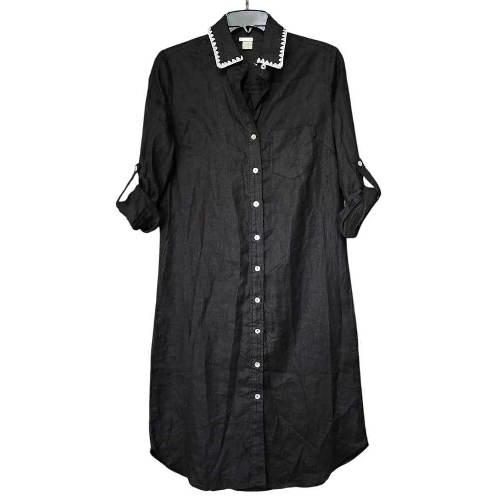 Magaschoni 100% Linen Maxi Shirt Dress Small Black Long Sleeve Resort Tab Sleeve